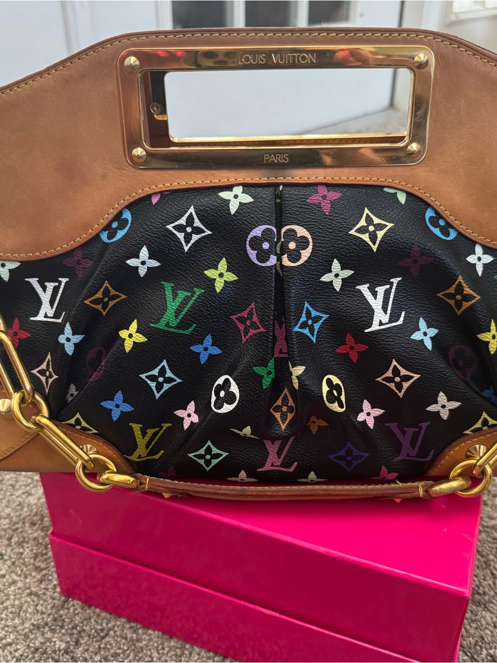 Louis Vuitton Black Multicolor Monogram Canvas Shoulder Bag with Tan Trim